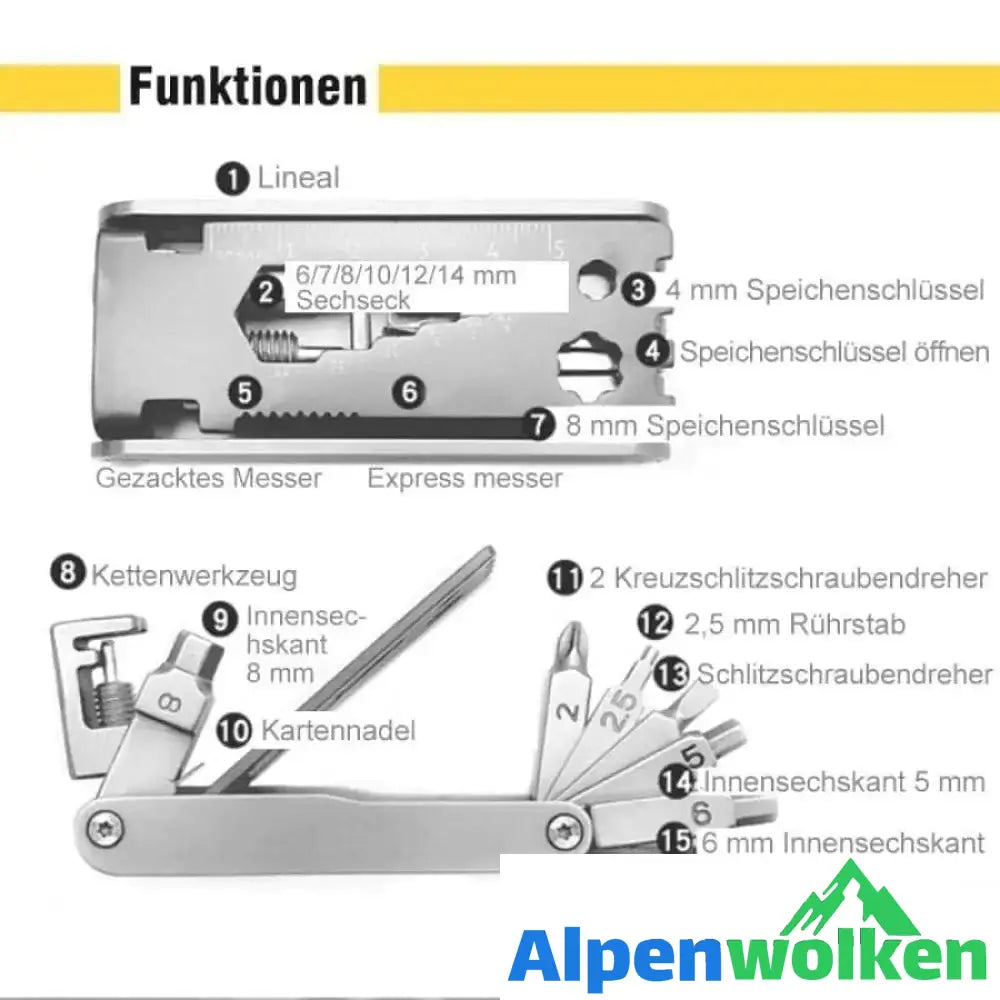 Alpenwolken - 17 in 1 Multifunktionswerkzeug aus rostfreiem Stahl