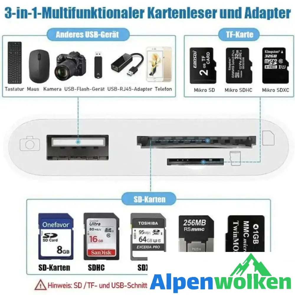 Alpenwolken - 3-in-1 SD-TF-USB-Kartenleser OTG-Adapter