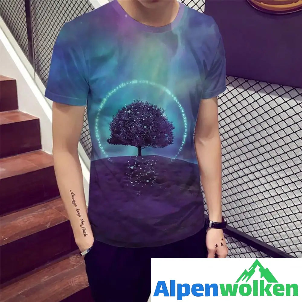 Alpenwolken - 3D Druck Landschaftsbaum Kurzärmeliges T-shirt für Männer