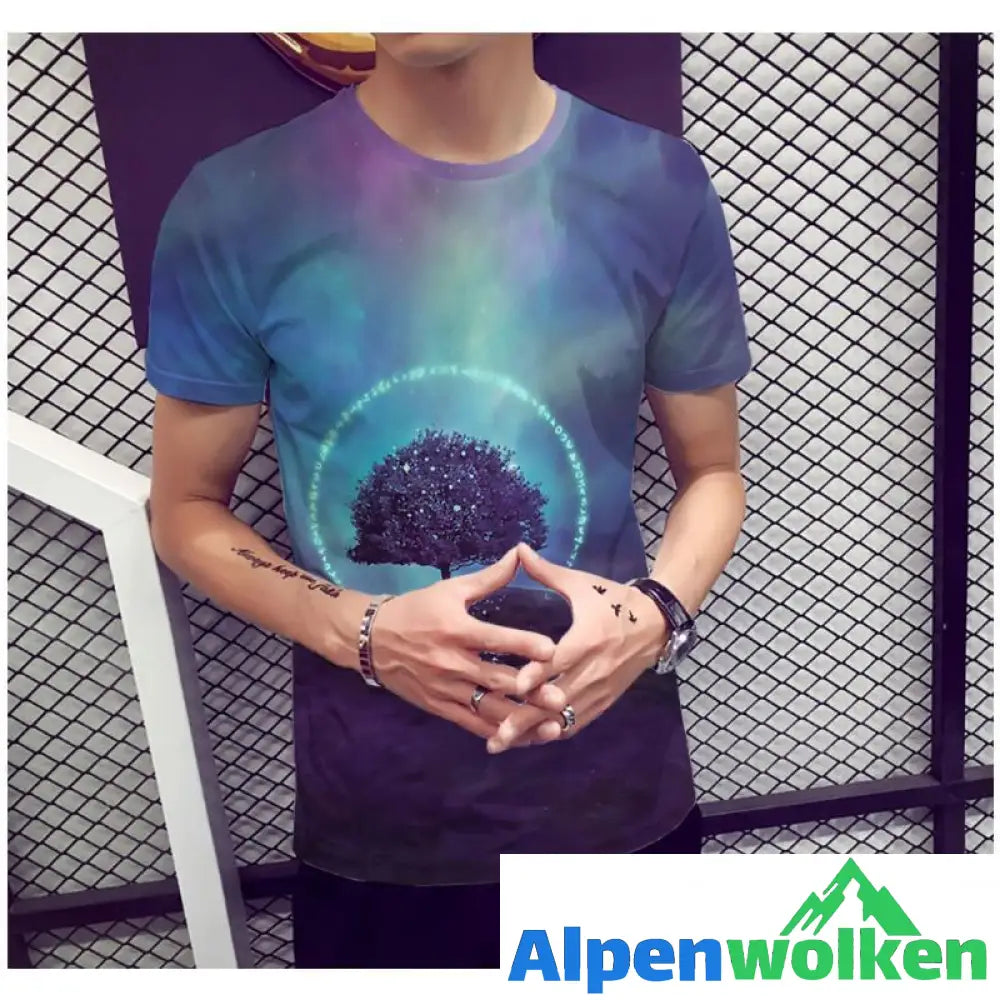 Alpenwolken - 3D Druck Landschaftsbaum Kurzärmeliges T-shirt für Männer