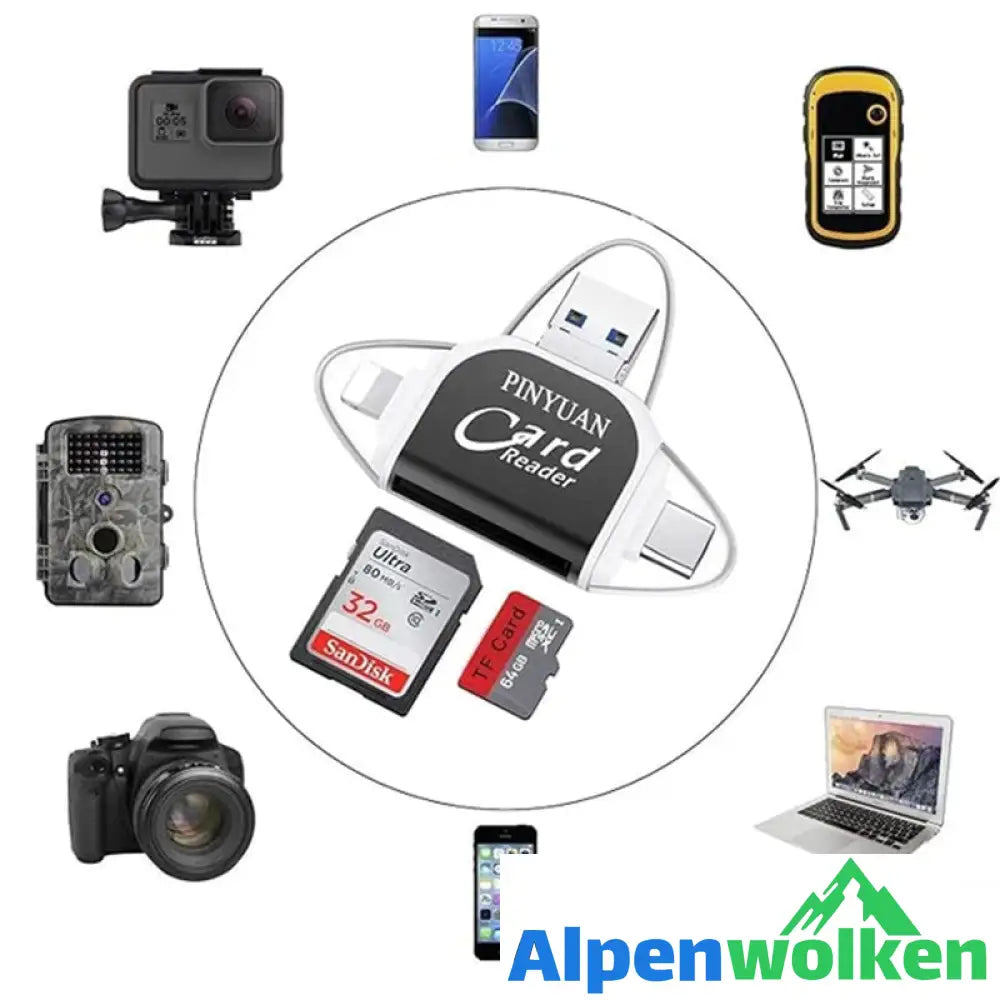 Alpenwolken - 4-in-1-Universal-SD-TF-Kartenleser mit mehreren Anschlüssen