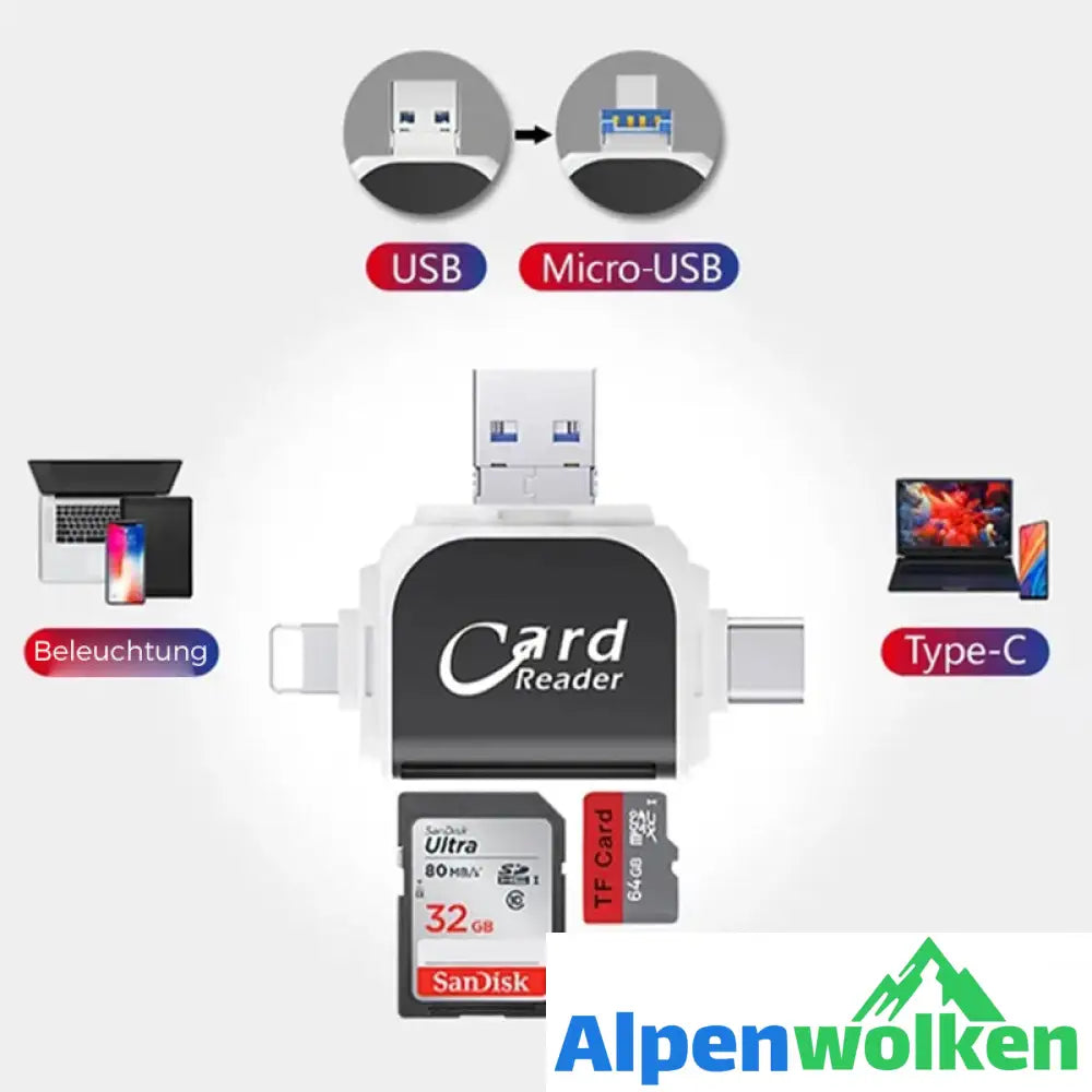 Alpenwolken - 4-in-1-Universal-SD-TF-Kartenleser mit mehreren Anschlüssen