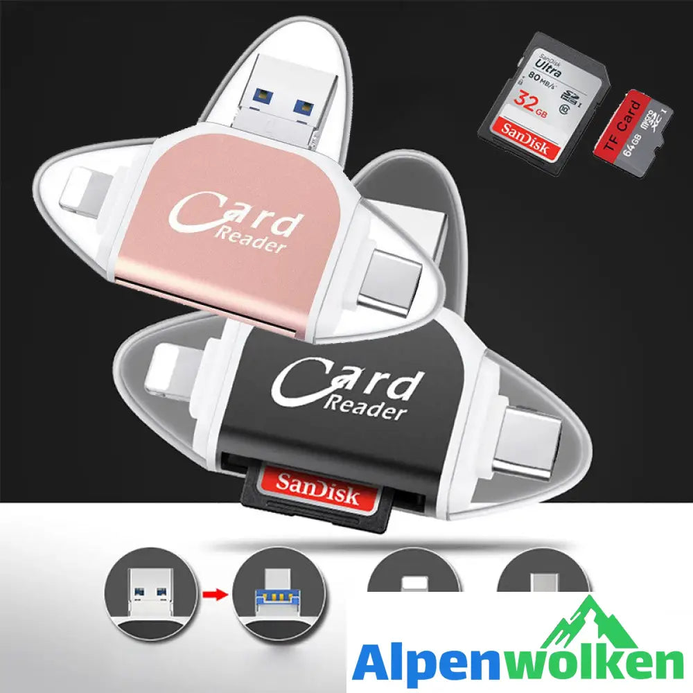 Alpenwolken - 4-in-1-Universal-SD-TF-Kartenleser mit mehreren Anschlüssen