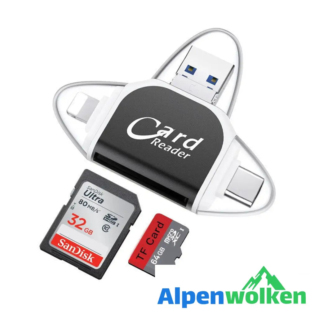 Alpenwolken - 4-in-1-Universal-SD-TF-Kartenleser mit mehreren Anschlüssen Schwarz