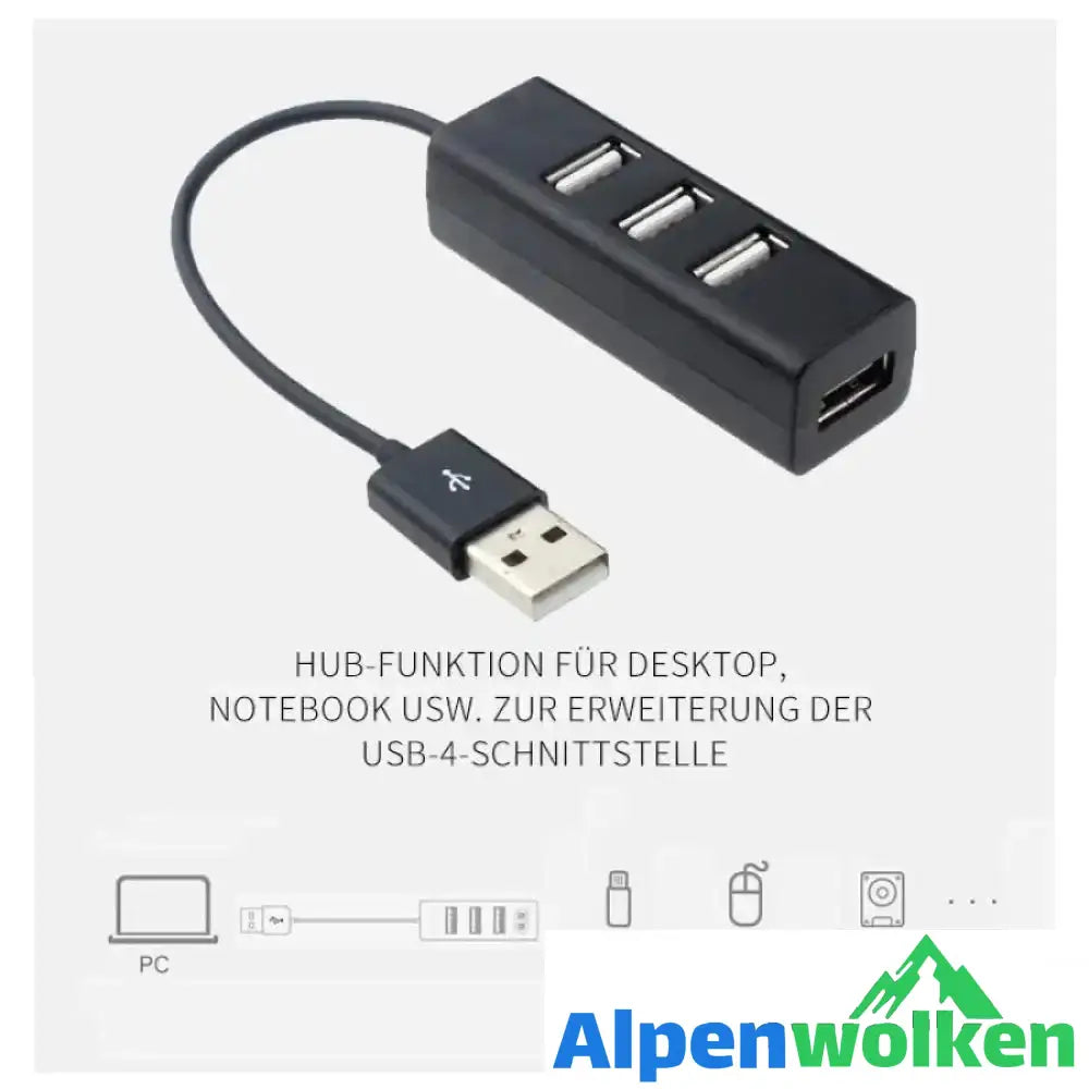 Alpenwolken - 4 Ports LED USB 3.0-Adapter-Hub Ein- / Ausschalter für PC Laptop BK (4 USB-Ports-Hubadapter, Schwarz)