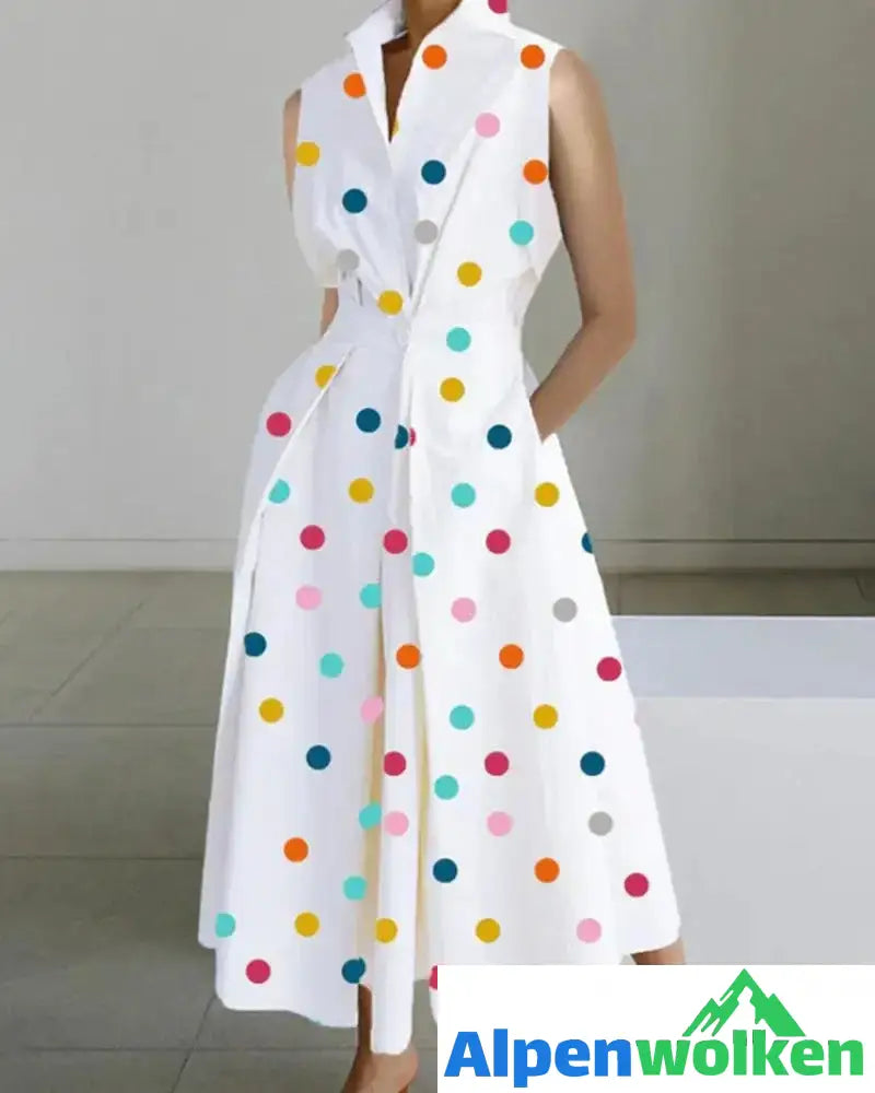 Alpenwolken - Ärmelloses Kleid mit Polka Dot Print Weiss