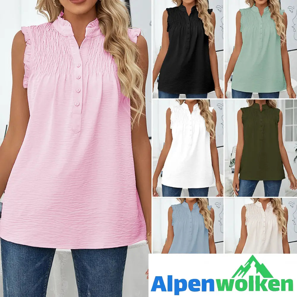 Alpenwolken - Ärmelloses Plissiertes Lockeres Lässiges T-Shirt Mit Knöpfen