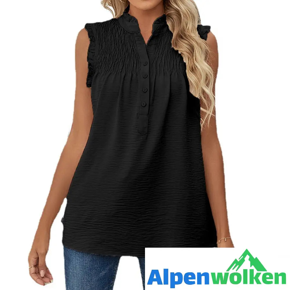 Alpenwolken - Ärmelloses Plissiertes Lockeres Lässiges T-Shirt Mit Knöpfen