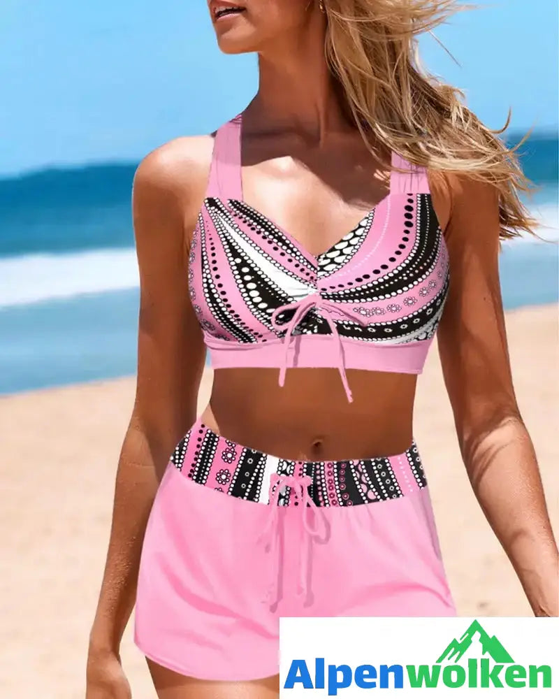 Alpenwolken - Bikini mit geometrischem Druck und Riemen Rosa