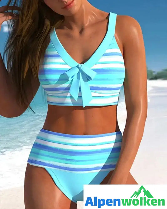 Alpenwolken - Bikini mit hoher Taille und gestreiftem Aufdruck Blau