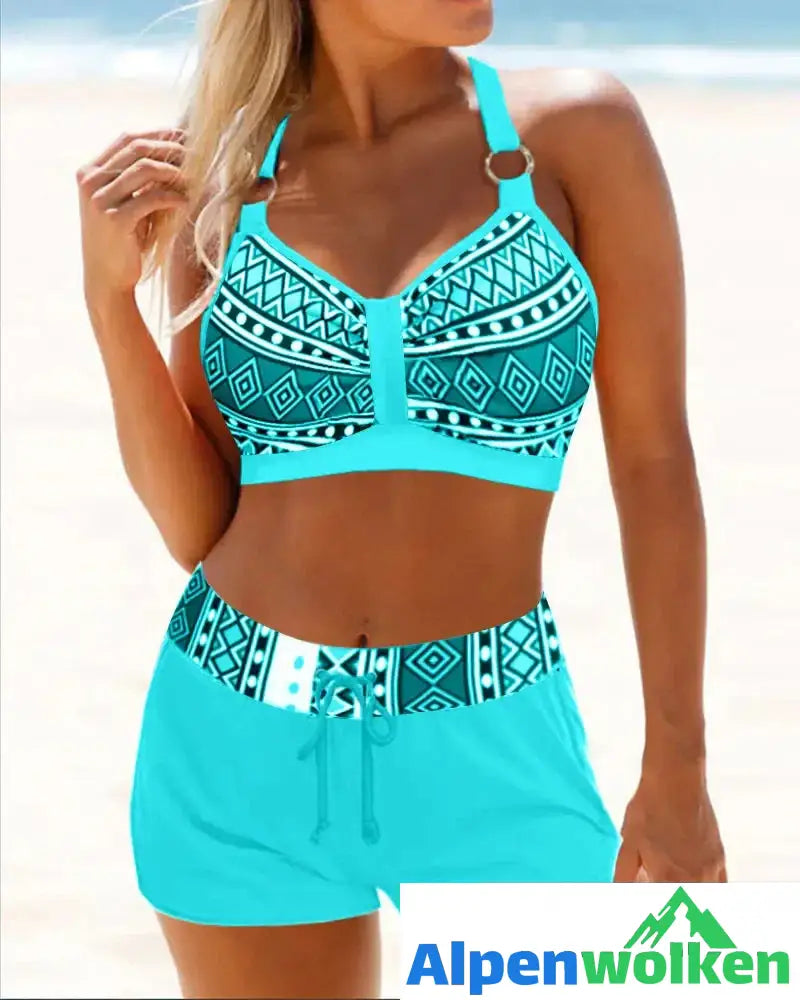 Alpenwolken - Bikinis mit hoher Taille und geometrischem Muster Blau