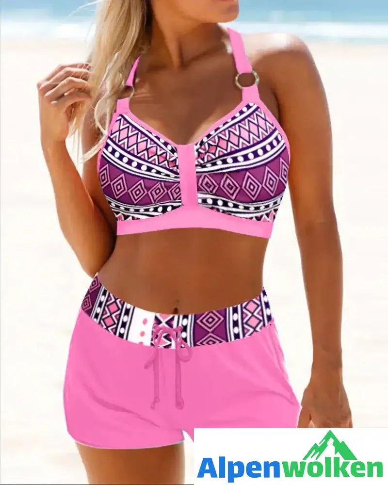 Alpenwolken - Bikinis mit hoher Taille und geometrischem Muster Rosa