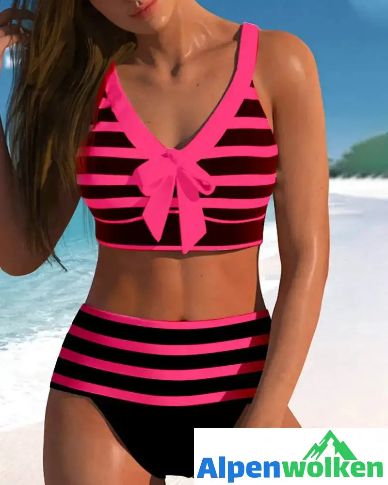 Alpenwolken - Bikinis mit hoher Taille und Streifendruck Fuchsia