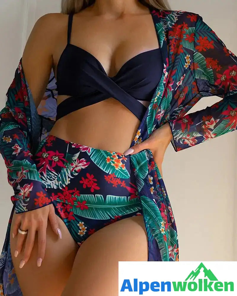 Alpenwolken - Bikinis und Cover-Ups mit Blumenmuster Marineblau