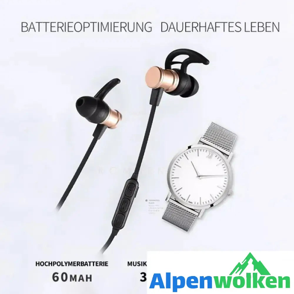 Alpenwolken - Bluetooth-Kopfhörer, Stereo-In-Ear-Ohrhörer, sicherer Sitz für Sport, Fitnessstudio, Reisen (wasserdicht, Noise Cancelling Mic)