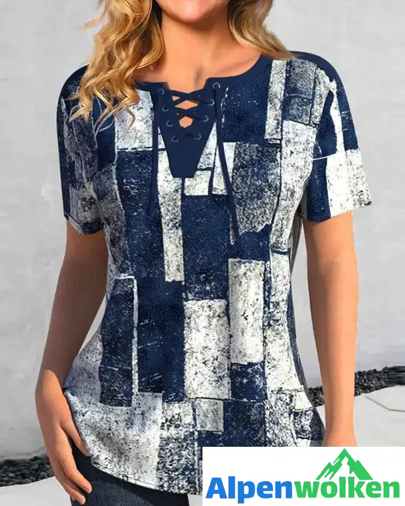 Alpenwolken - Bluse mit geometrischem Print und Schnürung Blau