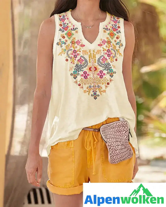 Alpenwolken - Boho-Tanktop mit V-Ausschnitt und Blumendruck Gelb