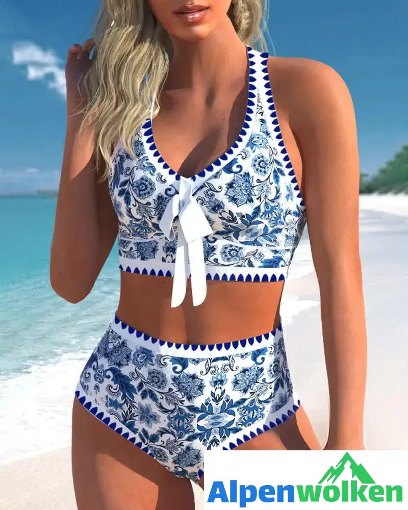 Alpenwolken - Bowknot Bikinis mit Blumendruck und hoher Taille Blau