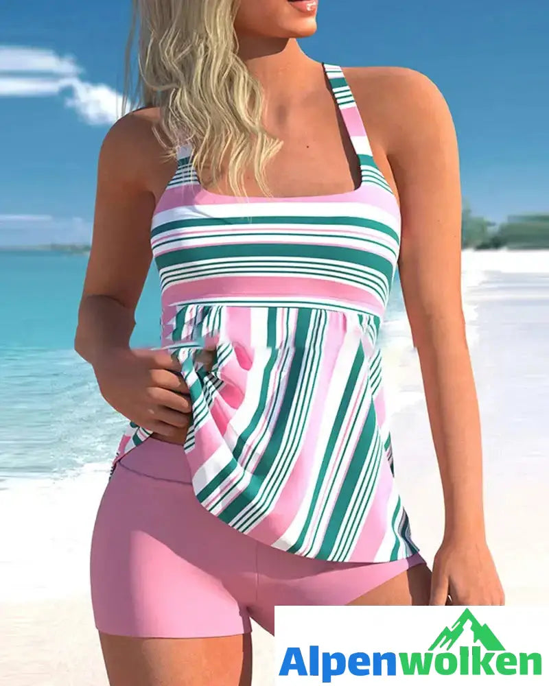 Alpenwolken - Boxer-Tankini mit hoher Taille und Streifendruck Rosa