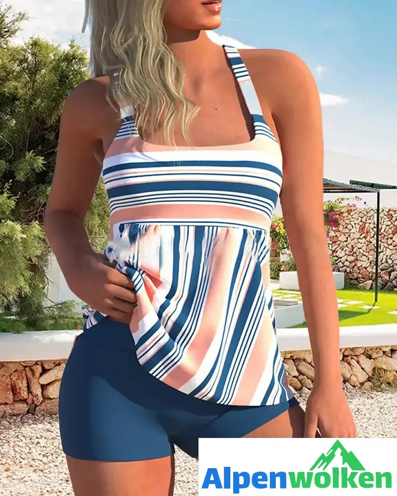 Alpenwolken - Boxer-Tankini mit hoher Taille und Streifendruck