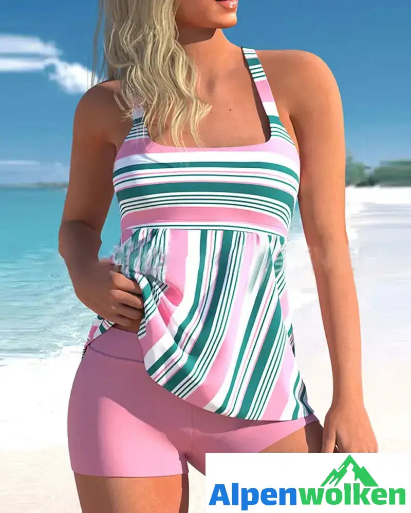 Alpenwolken - Boxer-Tankini mit hoher Taille und Streifendruck