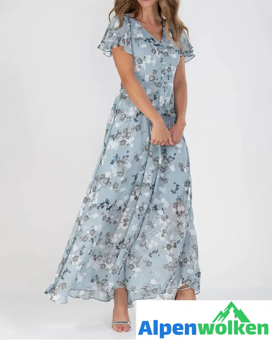 Alpenwolken - Dahlia™ | Geblümtes Chiffonkleid mit Rüschen Blau