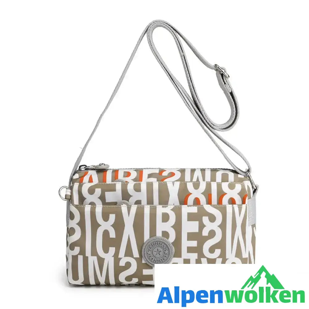 Alpenwolken - Damen beiläufige mehrschichtige modische einfache Umhängetasche aus Nylon Khaki-Alphabet