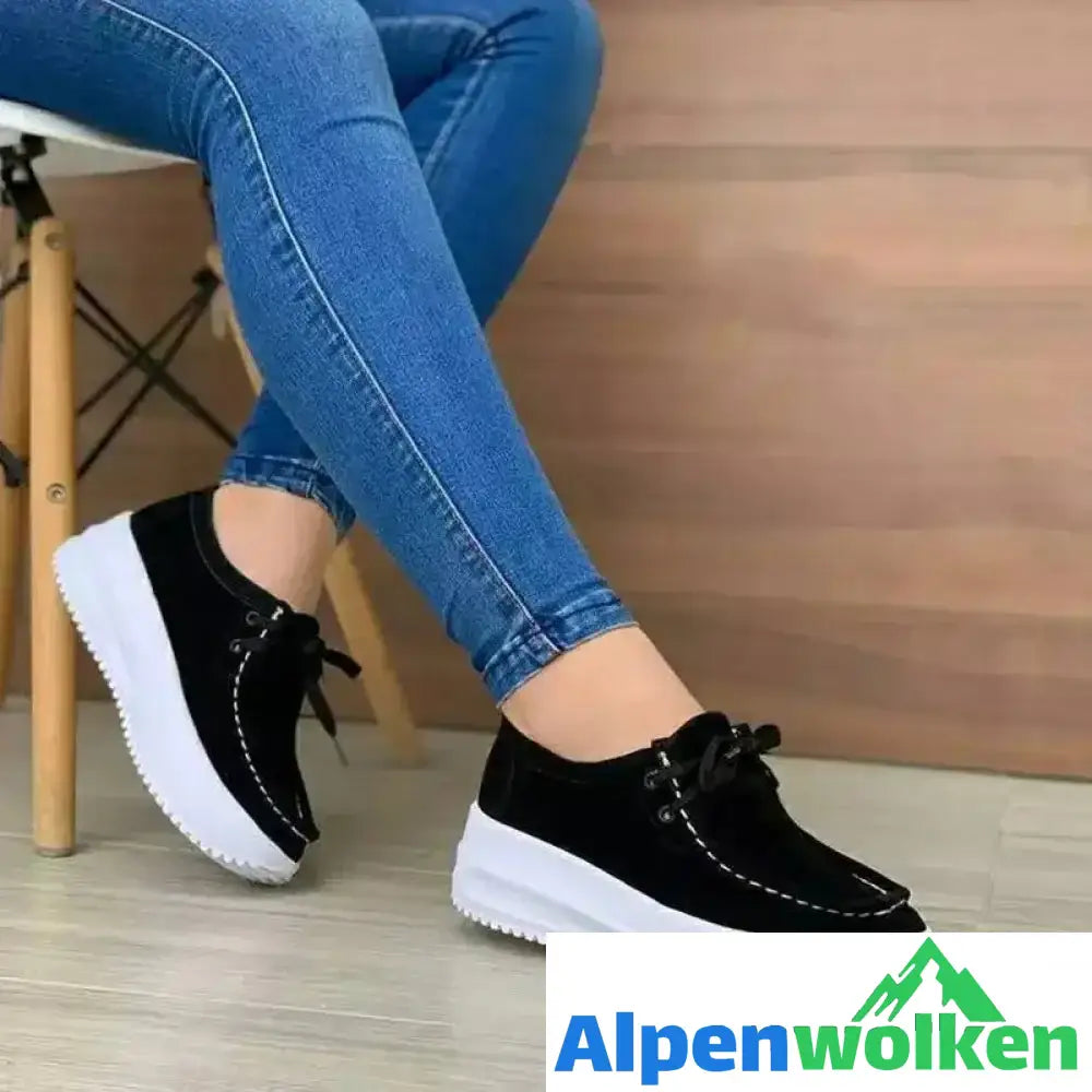 Alpenwolken - Damen Keilabsatz und runder Zehenpartie Bequeme Schuhe Schwarz