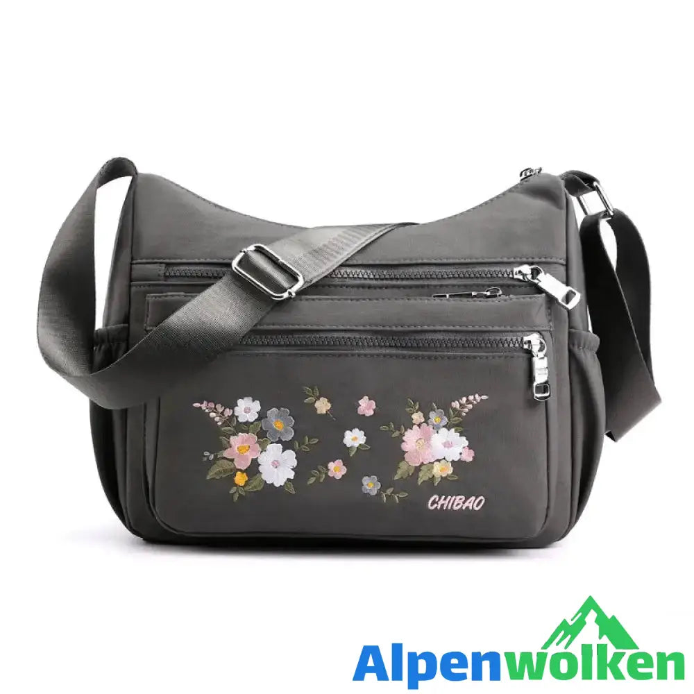 Alpenwolken - Damen modische bestickte Umhängetasche mit Blumenmuster grau