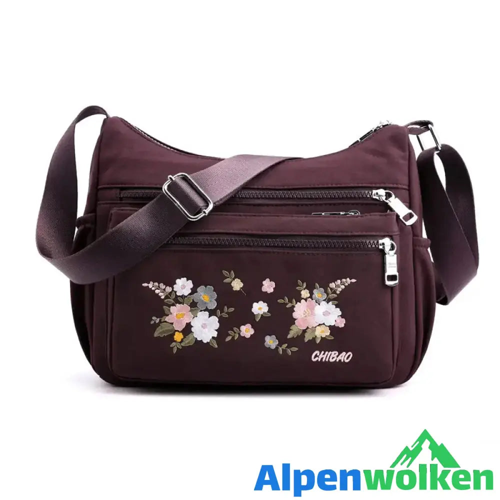 Alpenwolken - Damen modische bestickte Umhängetasche mit Blumenmuster lila