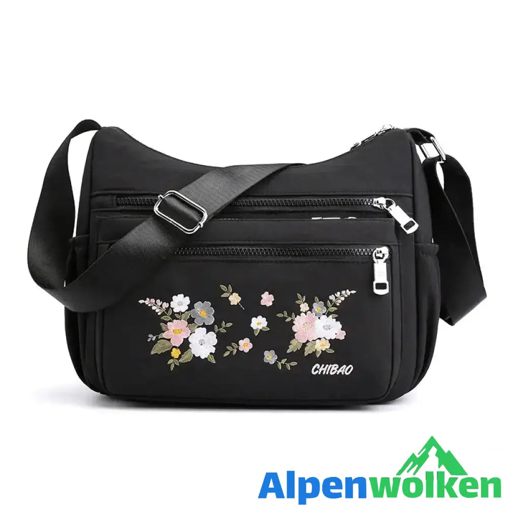 Alpenwolken - Damen modische bestickte Umhängetasche mit Blumenmuster schwarz