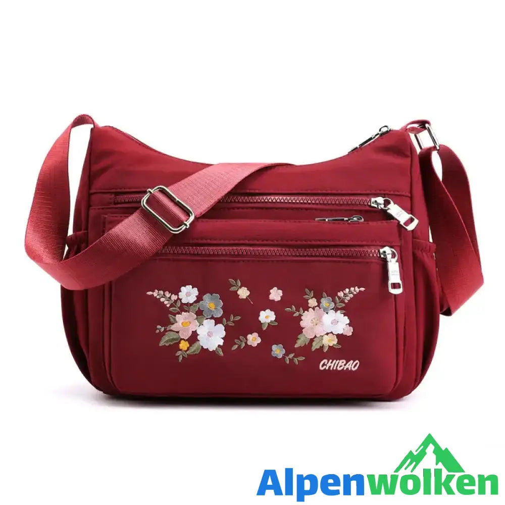 Alpenwolken - Damen modische bestickte Umhängetasche mit Blumenmuster weinrot