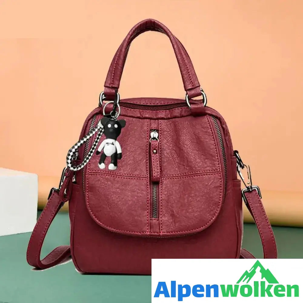 Alpenwolken - Damen Modische Multifunktionale Rucksack Umhängetasche Handtasche Rot Mit Bär