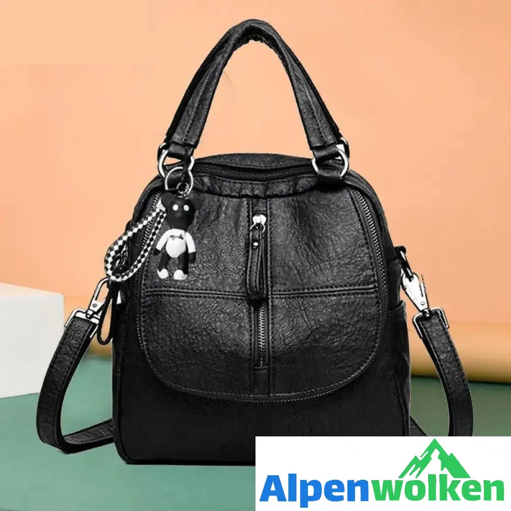 Alpenwolken - Damen Modische Multifunktionale Rucksack Umhängetasche Handtasche Schwarz Mit Bär