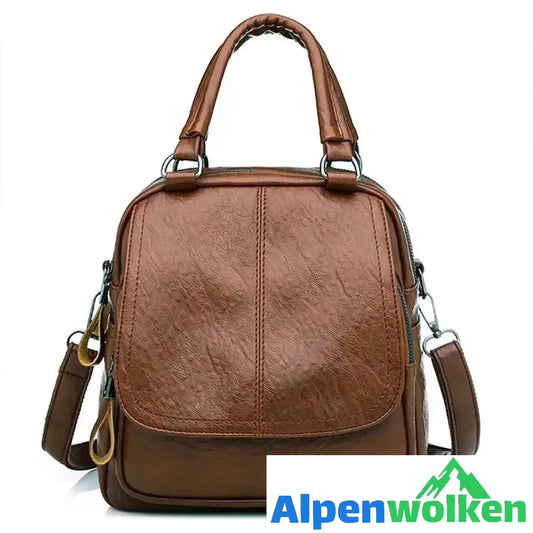 Alpenwolken - Damen Multifunktionale Modische Quadratische Handtasche aus weichem Leder Braun (mit Anhänger)