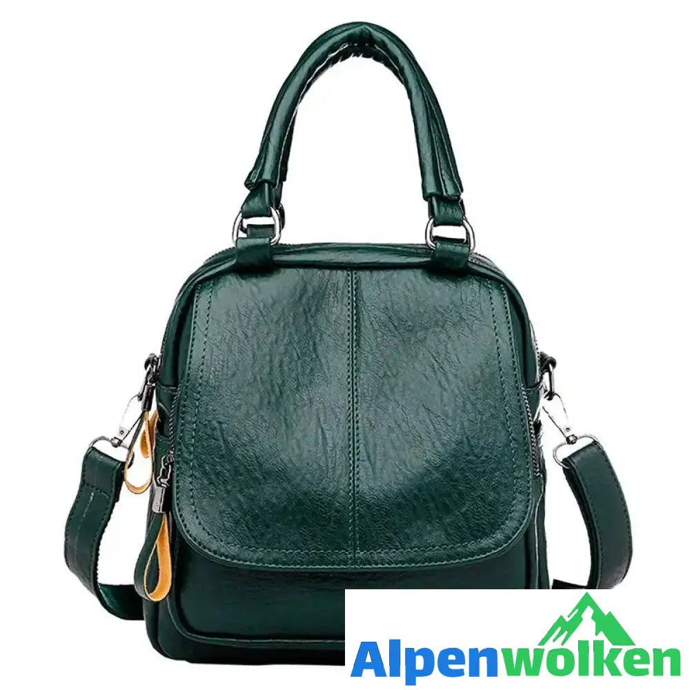 Alpenwolken - Damen Multifunktionale Modische Quadratische Handtasche aus weichem Leder Grün (mit Anhänger)