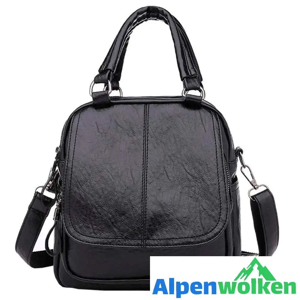 Alpenwolken - Damen Multifunktionale Modische Quadratische Handtasche aus weichem Leder Schwarz (mit Anhänger)