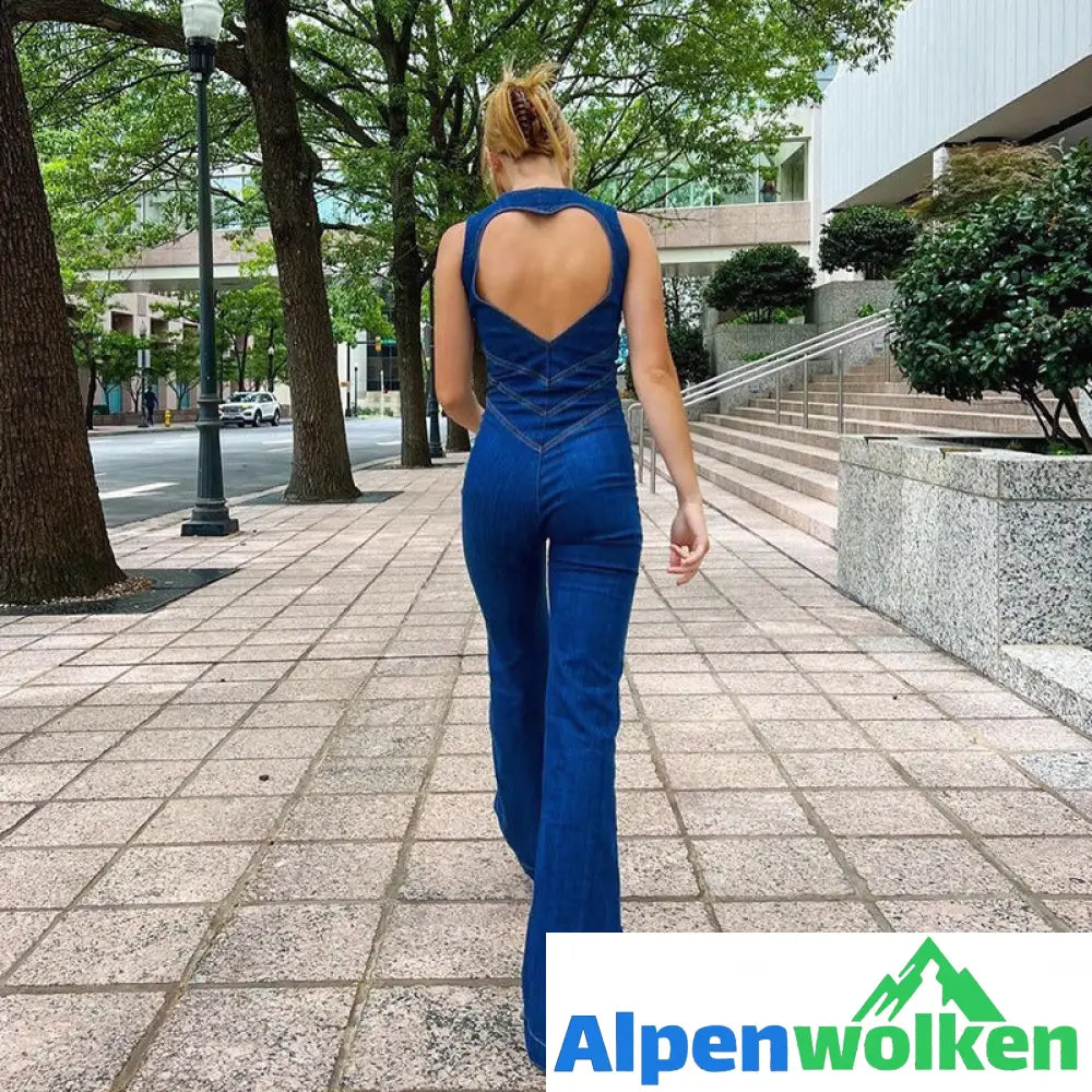 Alpenwolken - Damen Rückenfreier Denim-Jumpsuit mit Herzausschnitt