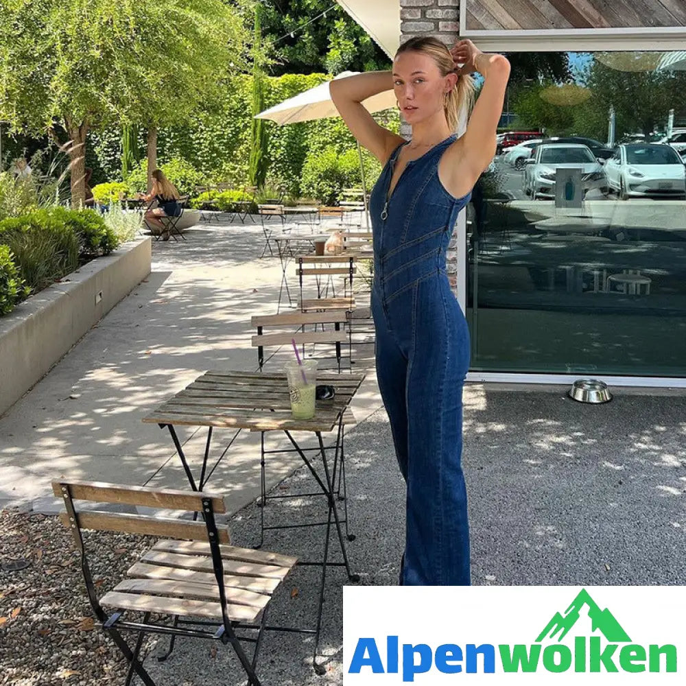 Alpenwolken - Damen Rückenfreier Denim-Jumpsuit mit Herzausschnitt