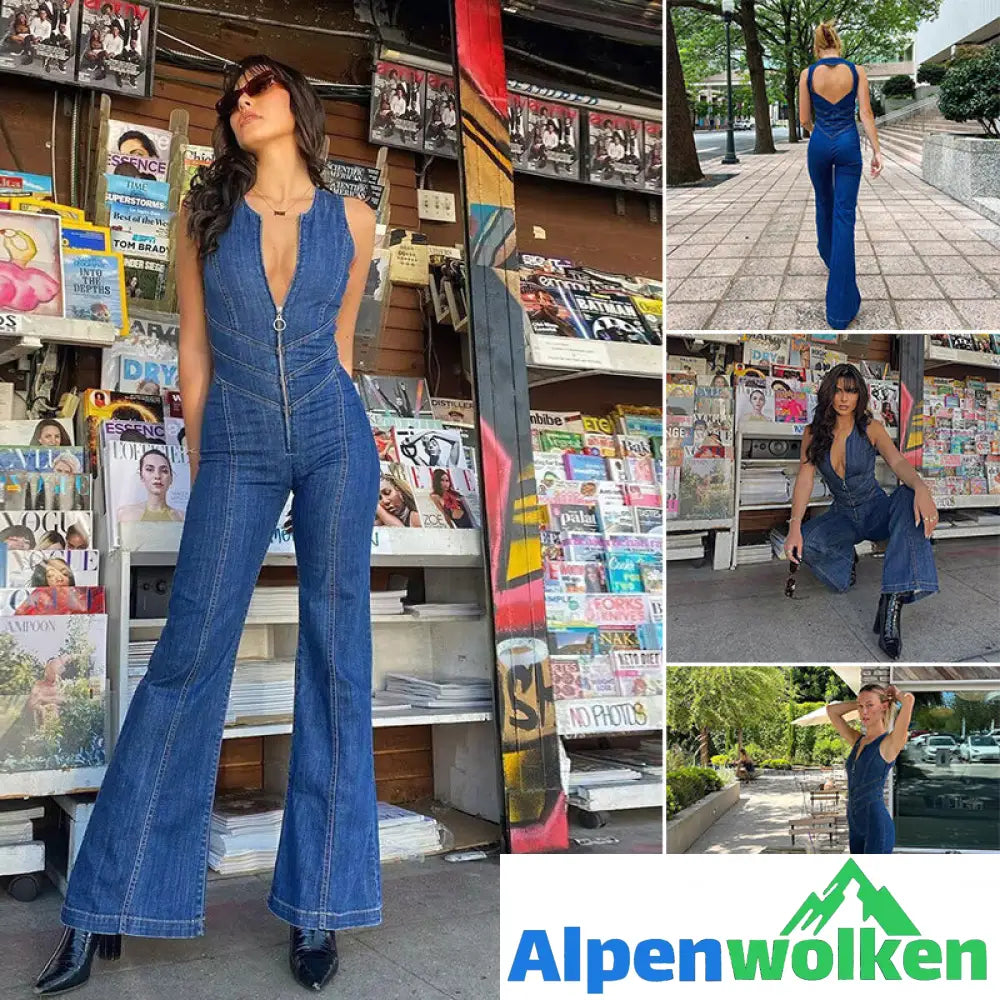 Alpenwolken - Damen Rückenfreier Denim-Jumpsuit mit Herzausschnitt