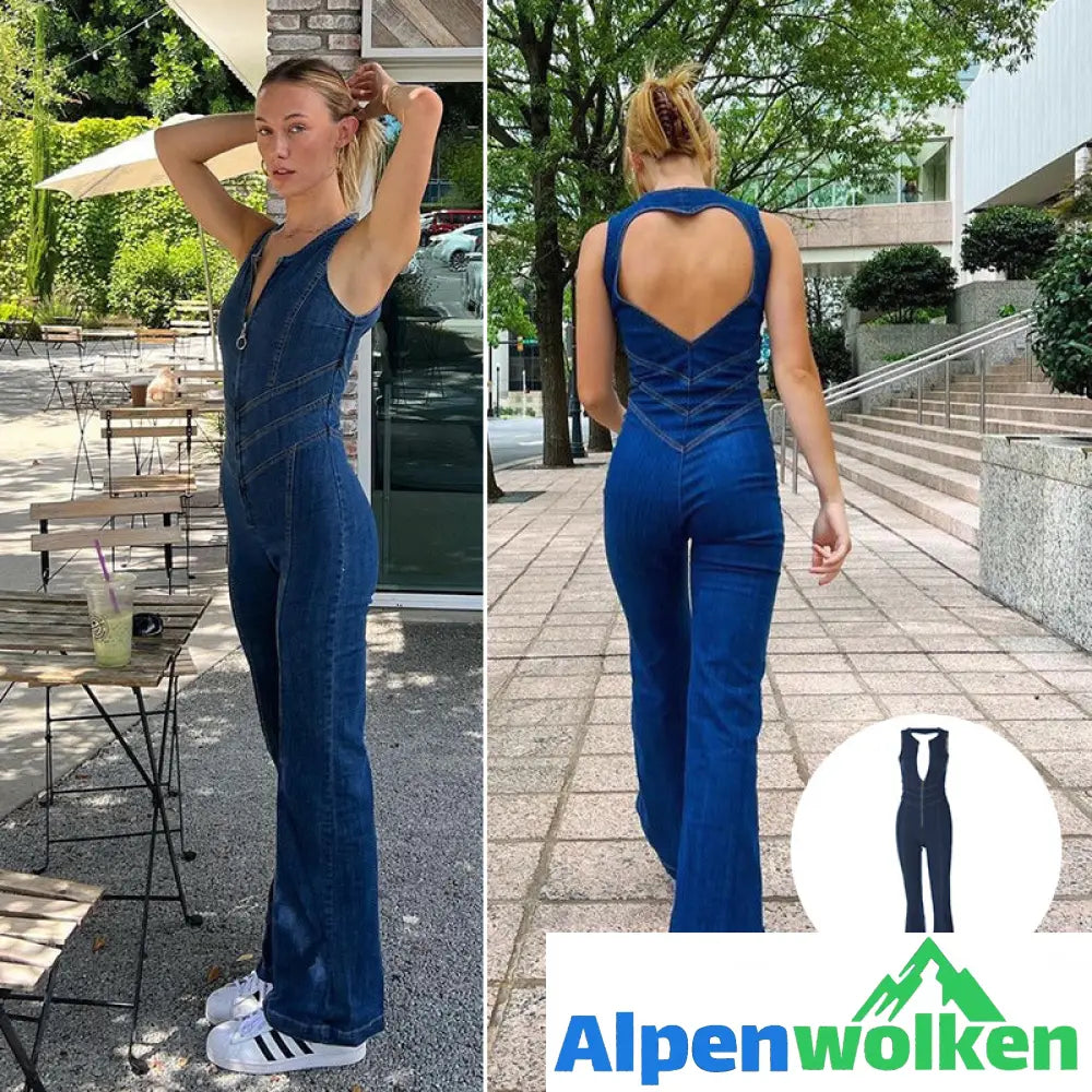 Alpenwolken - Damen Rückenfreier Denim-Jumpsuit mit Herzausschnitt