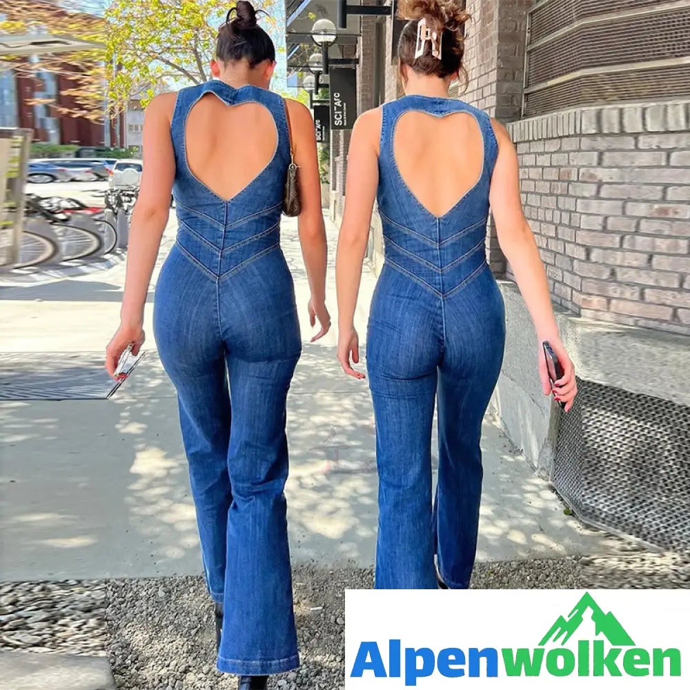 Alpenwolken - Damen Rückenfreier Denim-Jumpsuit mit Herzausschnitt