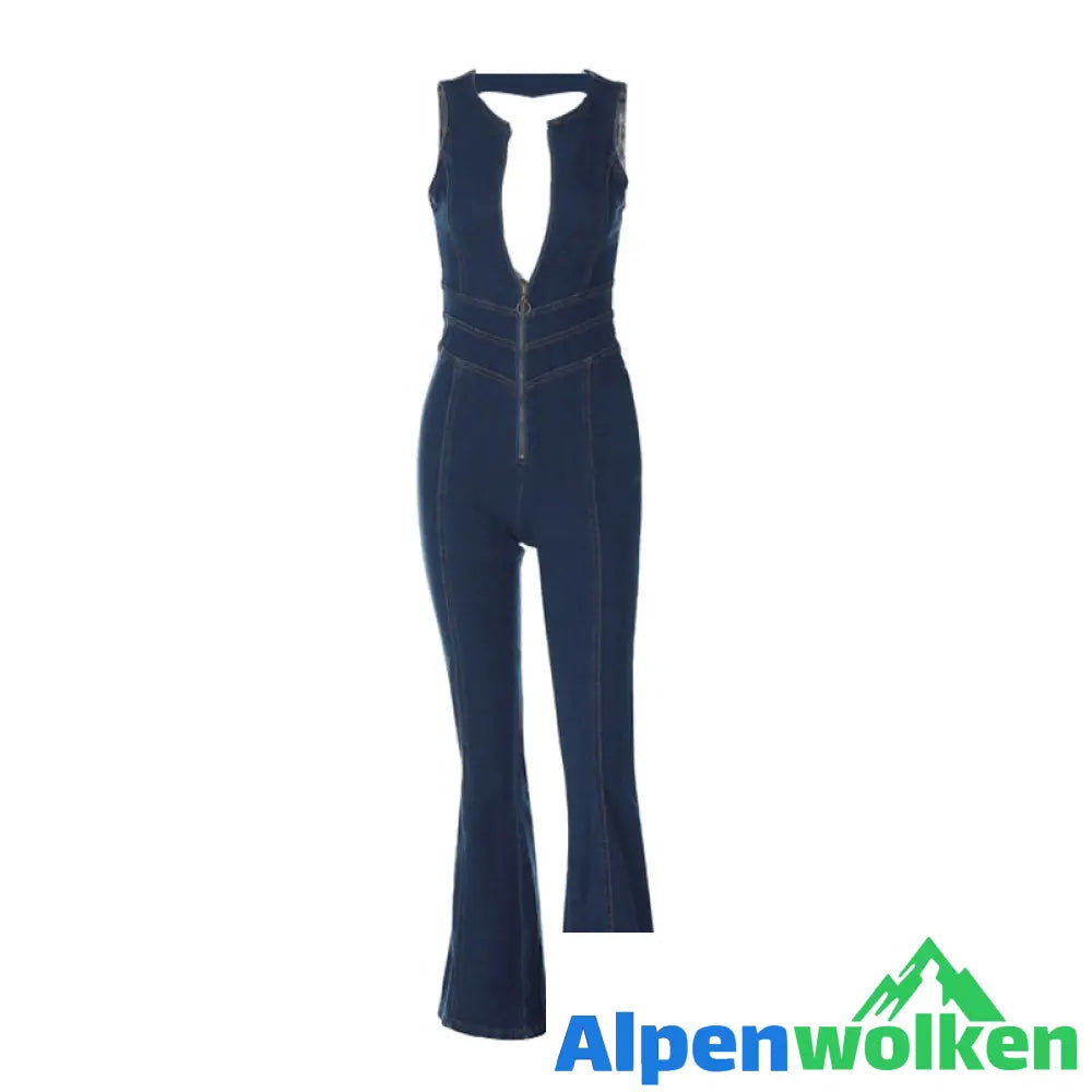 Alpenwolken - Damen Rückenfreier Denim-Jumpsuit mit Herzausschnitt