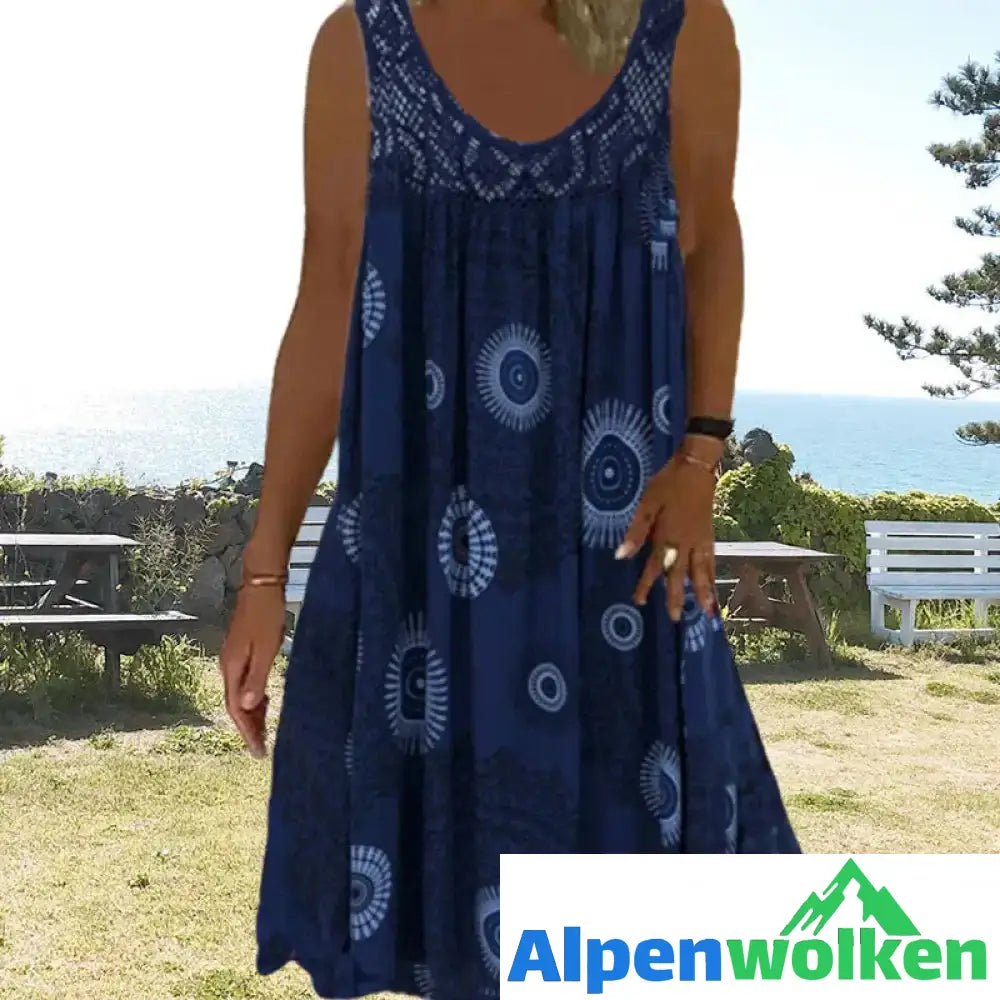 Alpenwolken - Damen Sommer O-Ausschnitt ärmellosem Druck Kleid