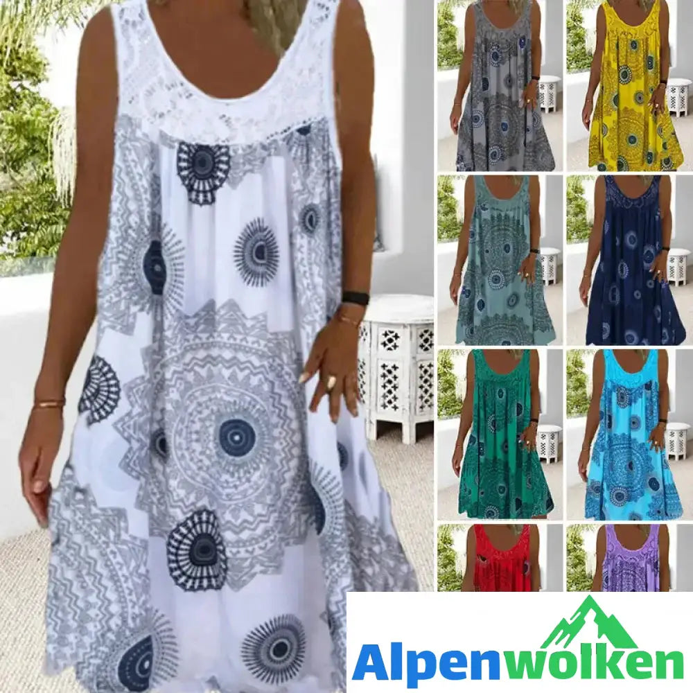 Alpenwolken - Damen Sommer O-Ausschnitt ärmellosem Druck Kleid