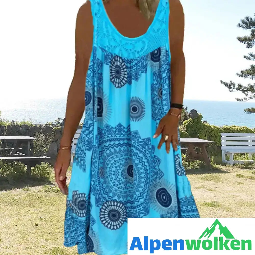 Alpenwolken - Damen Sommer O-Ausschnitt ärmellosem Druck Kleid