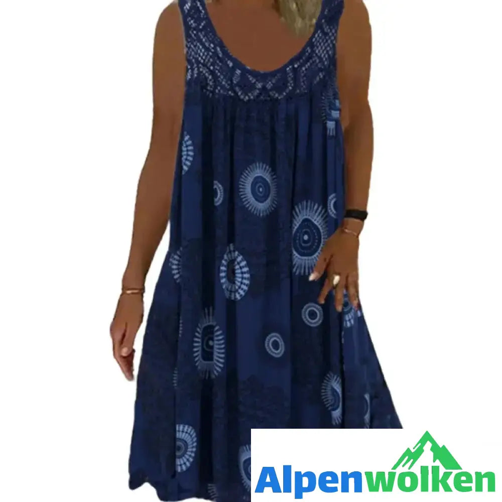 Alpenwolken - Damen Sommer O-Ausschnitt ärmellosem Druck Kleid