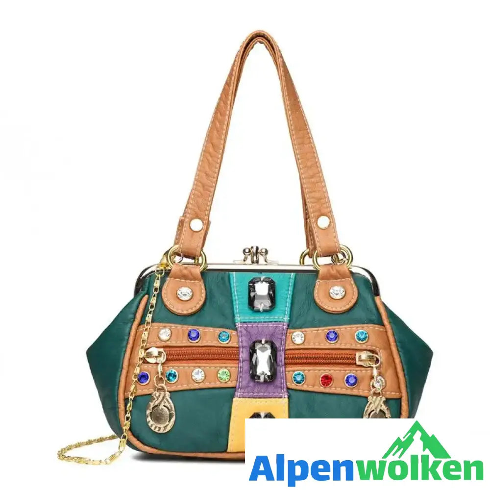 Alpenwolken - Damen Stilvolle Handtasche mit Schmucksteinen Grün