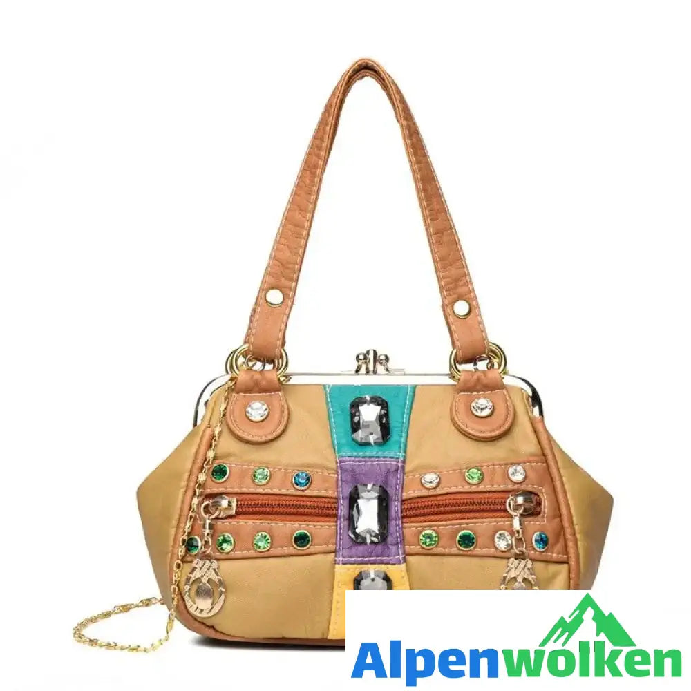 Alpenwolken - Damen Stilvolle Handtasche mit Schmucksteinen Khaki