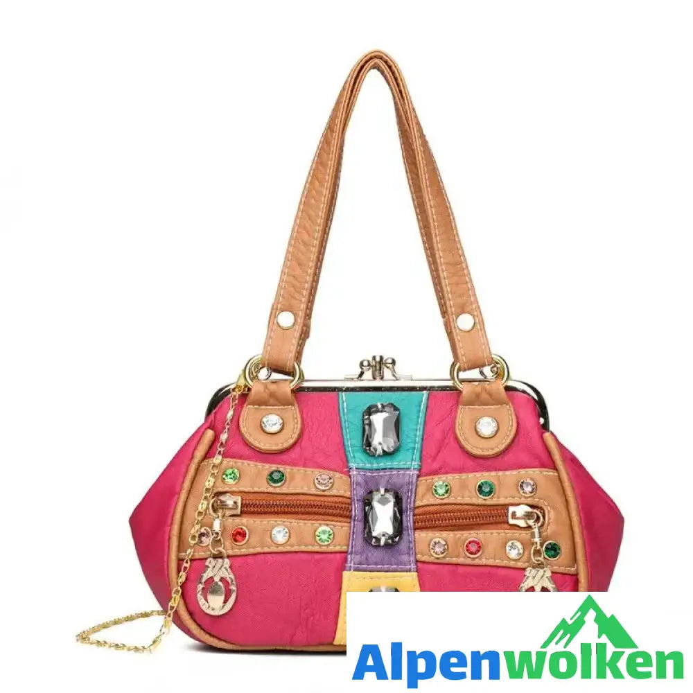 Alpenwolken - Damen Stilvolle Handtasche mit Schmucksteinen Rosarot